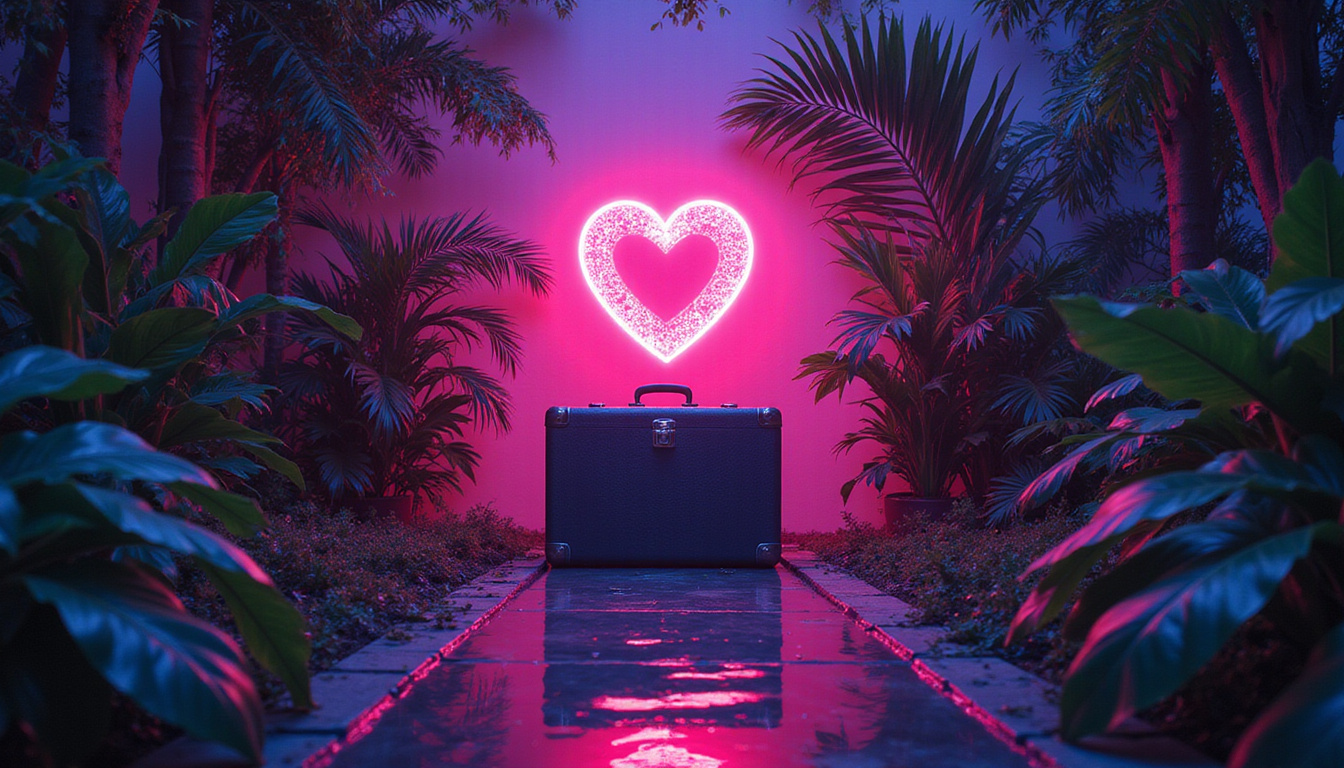 Secrets revealed unlocking heart and briefcase tropical foliage neon sigils cinematic surrealism