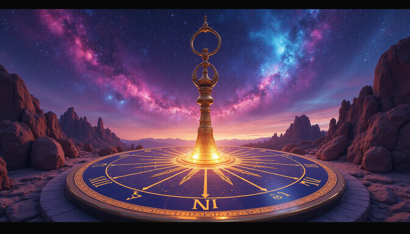 Mystical astrologer at brass compass, swirling stars and reversed planetary orbits, neon vaporwave palette