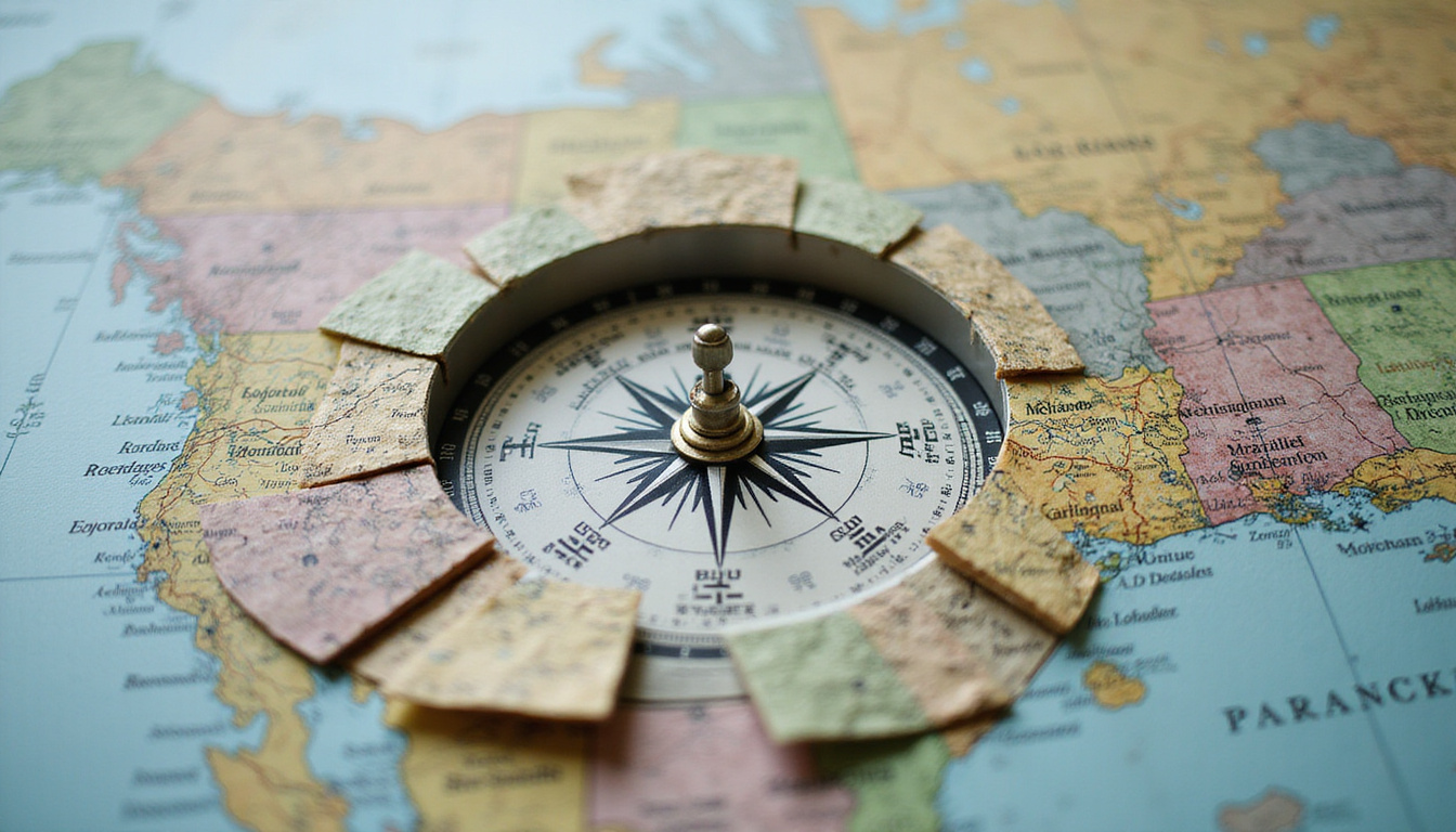 Empty compass and map floating above fractured agenda, cold void swallowing future pathways