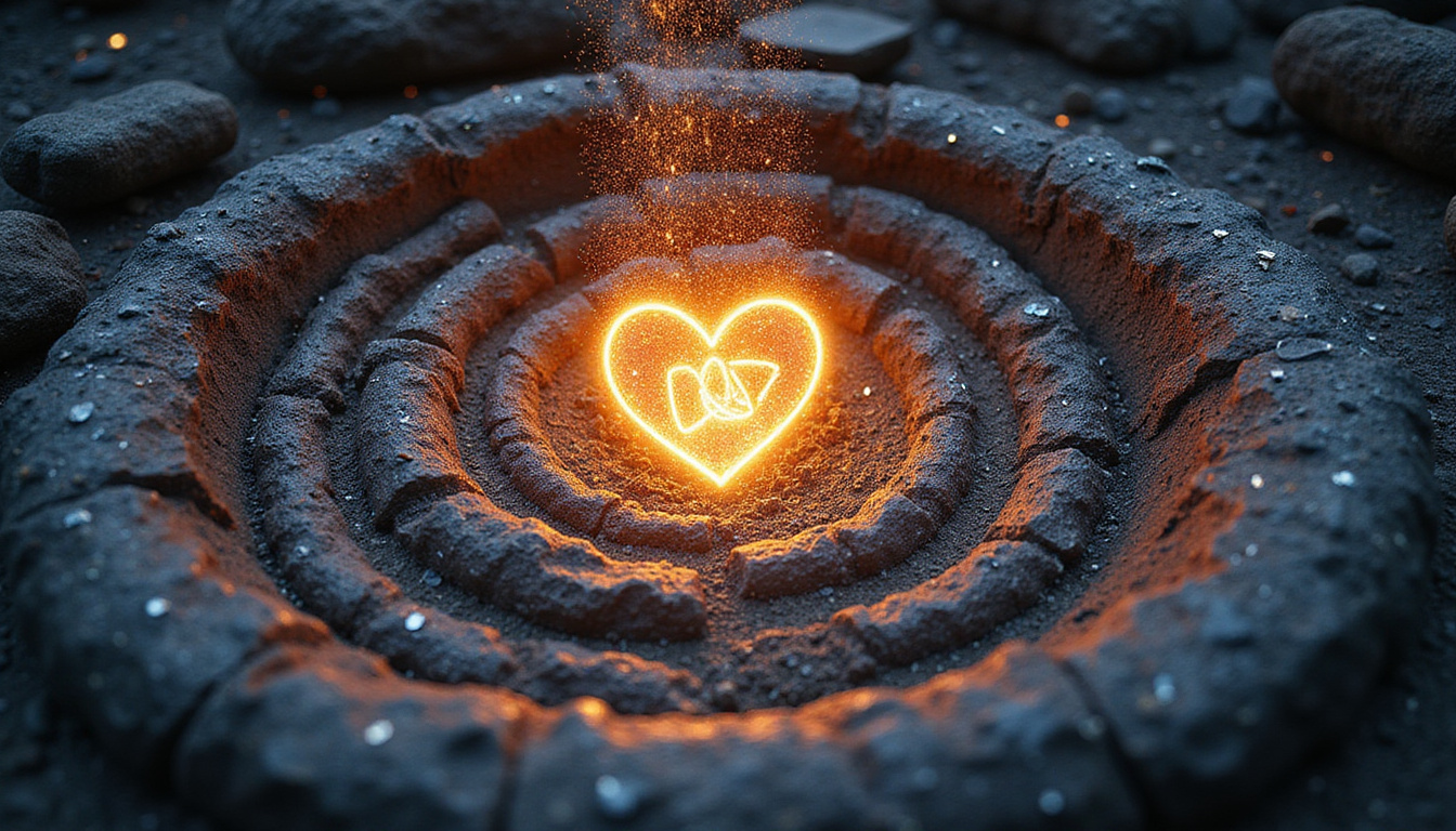 Iron filings spiraling toward a luminous heart formed by zodiac glyphs, alchemical vials, stardust
