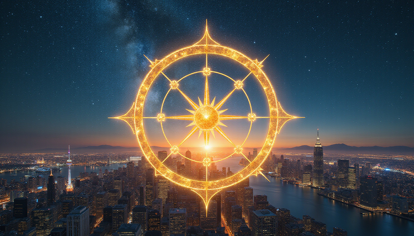 Golden compass of fate over city skyline, timelines and star-lines revealing opportunity doors