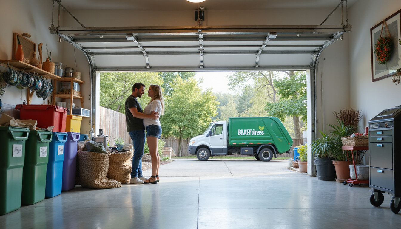  Clean modern garage after decluttering, labeled bins, smiling homeowners, eco-friendly disposal truck parked outside