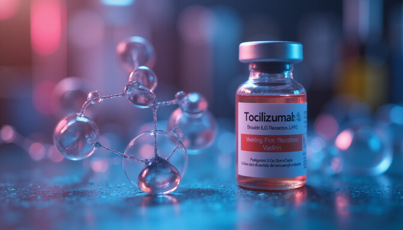  Close-up of tocilizumab vial and IL-6 receptor molecules binding, glowing biotech laboratory backdrop