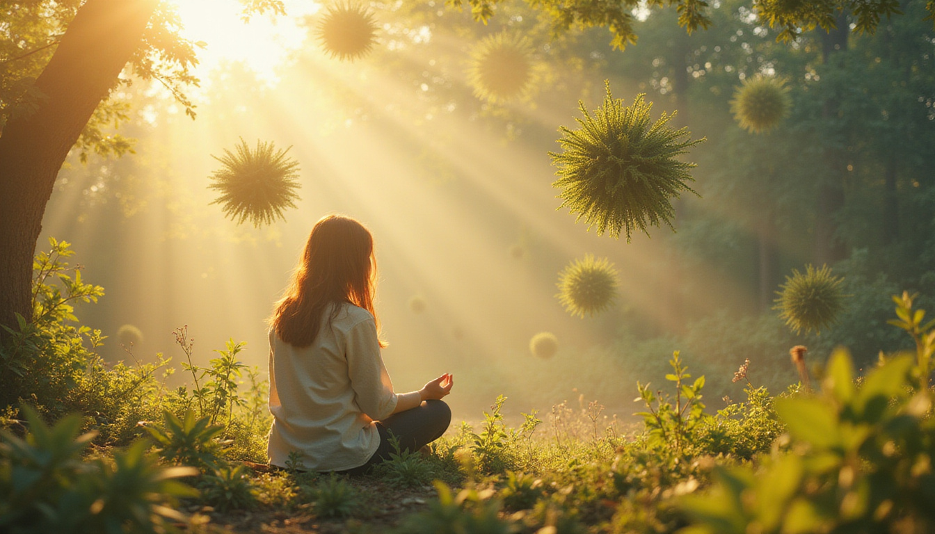  Woman meditating amid floating molecular structures and herbs, sunlight, clinical yet warm, hopeful tone