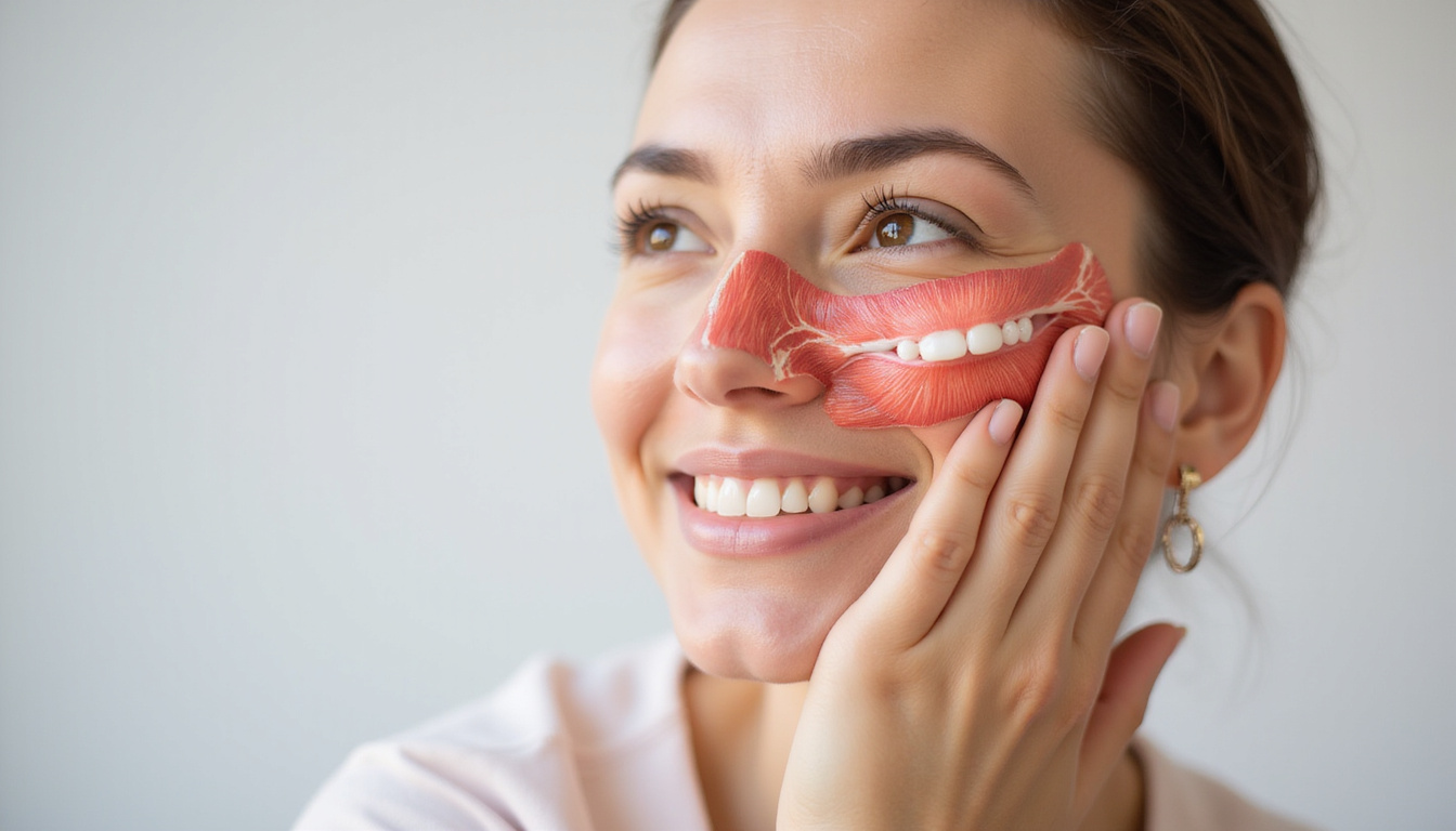 Patient smiling with relieved expression, anatomical muscle overlay dissolving, dynamic motion, soft warm tones