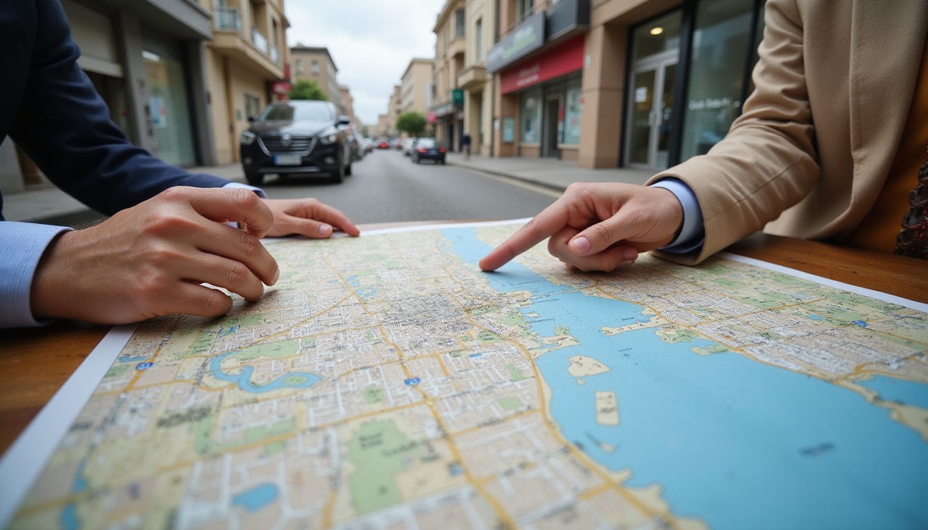  Real estate agent pointing at detailed city map near Nile, bustling Cairo street, buyers excited