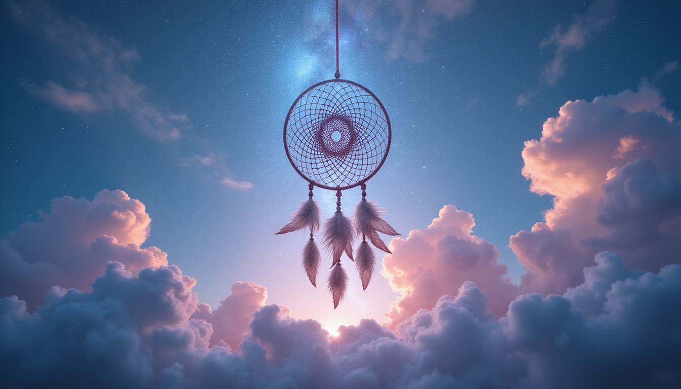  Nightmare shadows dissolving against woven dreamcatcher, gentle starlight, calming pastel clouds, tranquil atmosphere