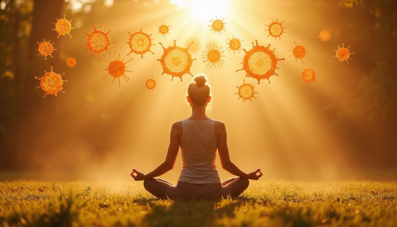  Elderly woman doing yoga in golden light, cartilage cells visualized above, herbs and research papers