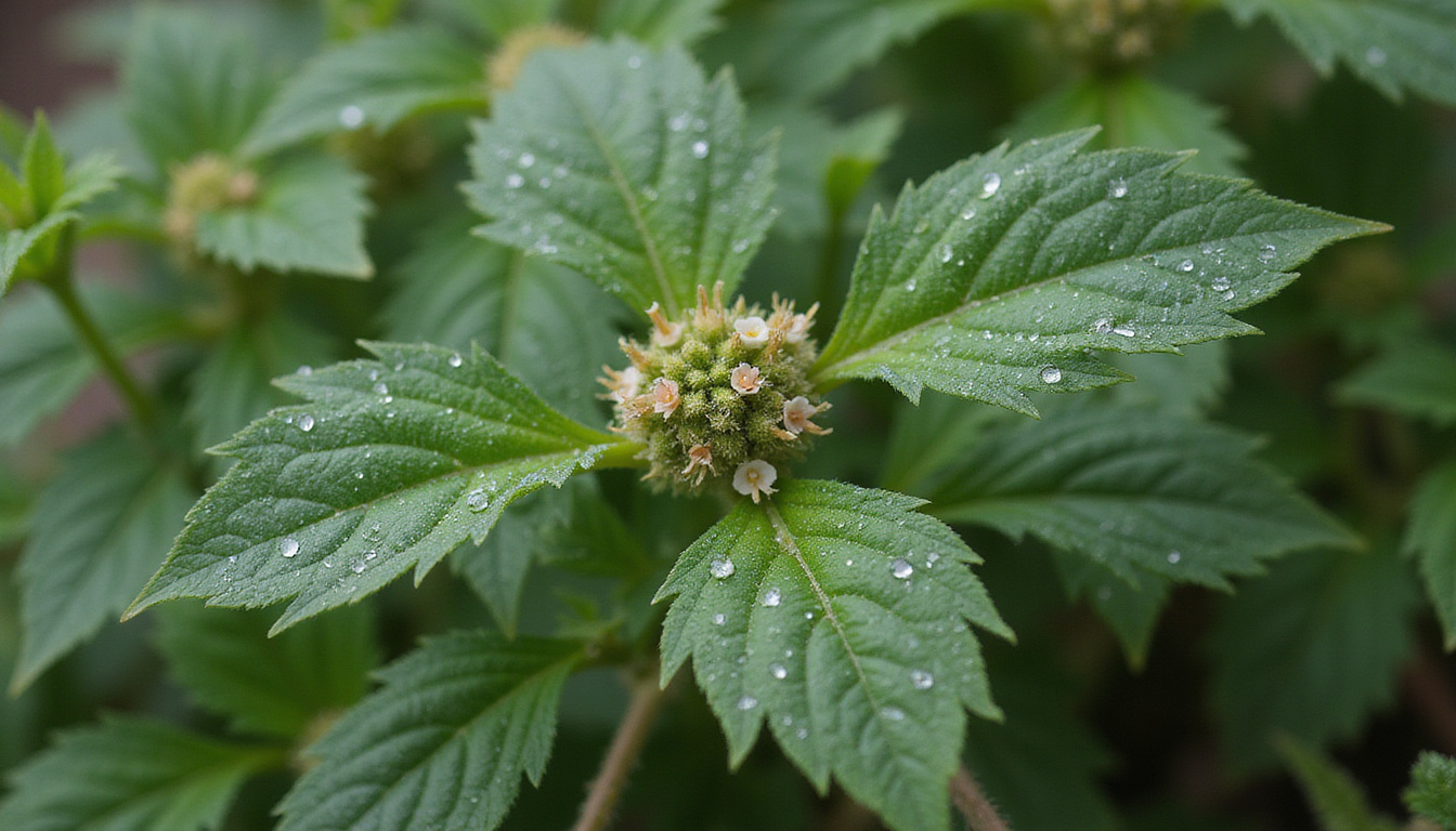 Botanical close-up of mugwort leaves and flowers, dew droplets, vintage apothecary labels, soft focus