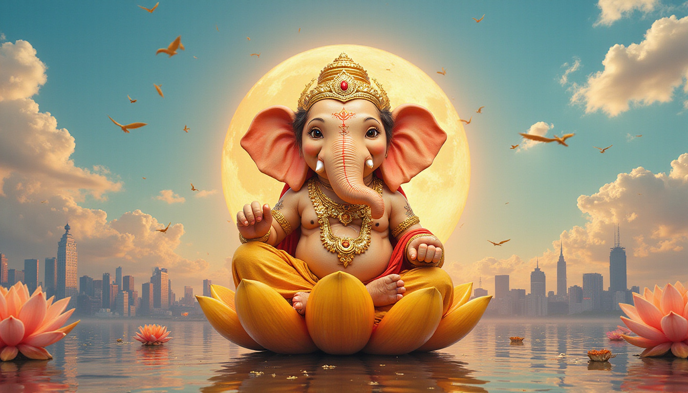 Golden elephant spirit emerging from lotus, runes of wisdom, everyday city skyline behind