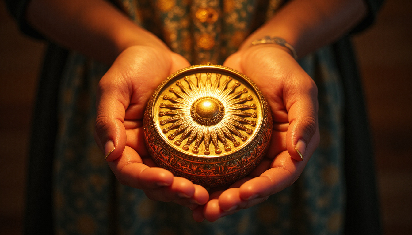 Close-up sacred host encased in ornate sunburst, hands reverently unveiling, atmospheric chiaroscuro