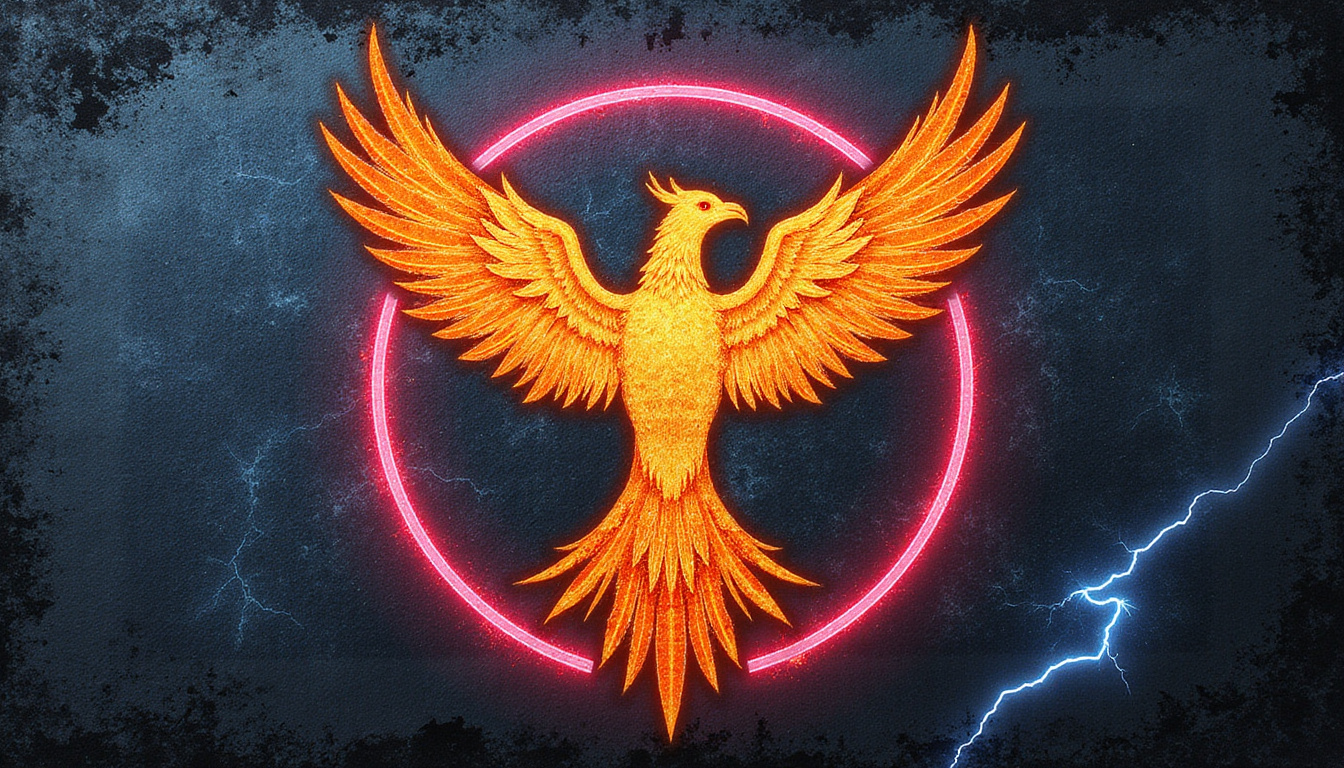  Symbol collage: phoenix, ouroboros, lightning bolt, urban neon, mythic fresco textures, dramatic chiaroscuro