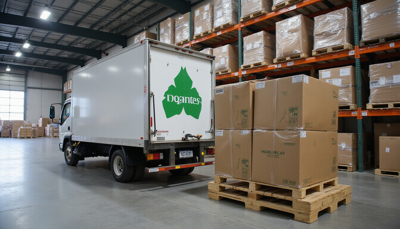 Delivery truck loading consolidated waste pallets, barcode scanning, green logos, efficient urban warehouse