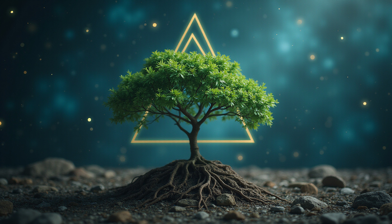 Emerging verdant tree growing from triangular star map, roots entwined with luminous geometric lines