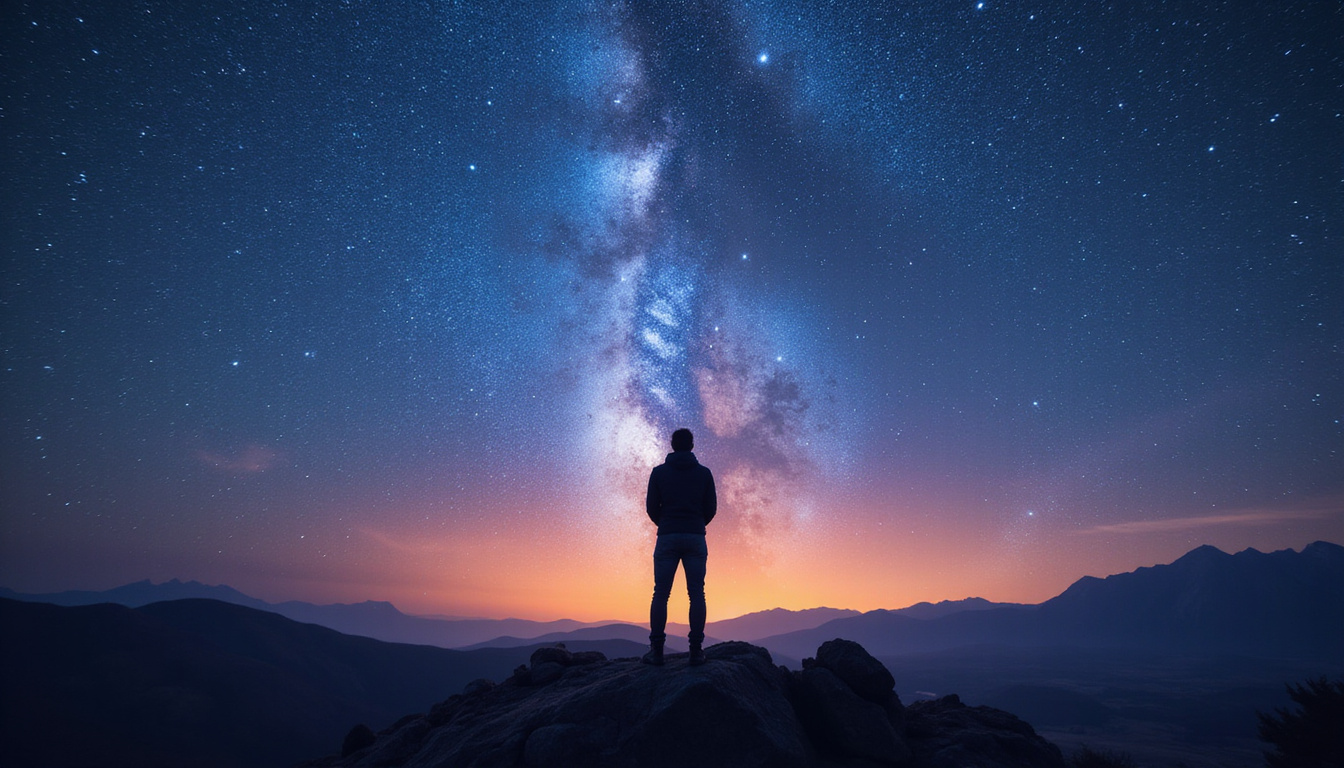 Silhouetted figure bathed in starlight as constellations align, luminous star nodes activate destiny