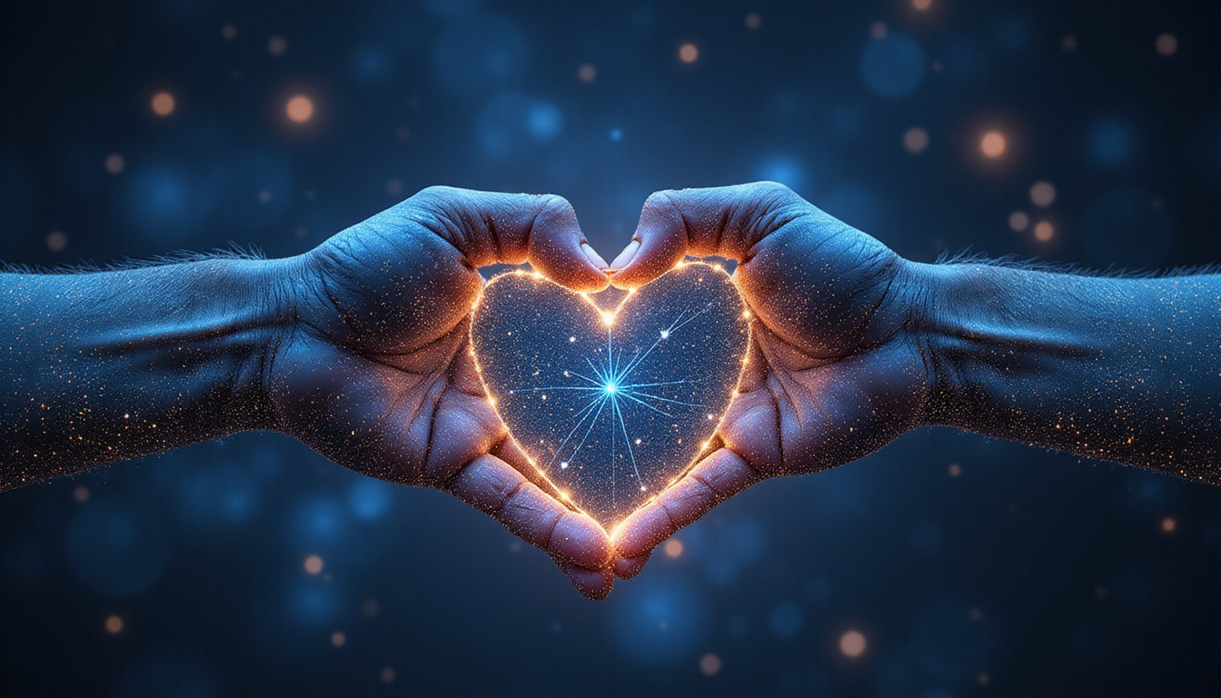 Ancient star-map, shimmering heart-shaped constellation linking hands, mystical velvet night sky