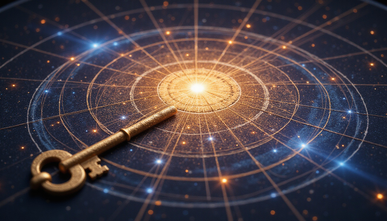Golden key unlocking star-filled birth chart, luminous threads revealing hidden life patterns and timing