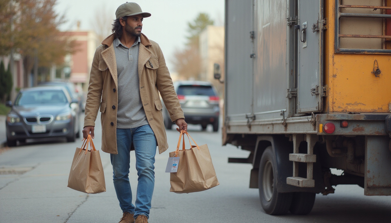 Tenant carrying donation bags to curb beside small truck clipboard checklist budget friendly price tag