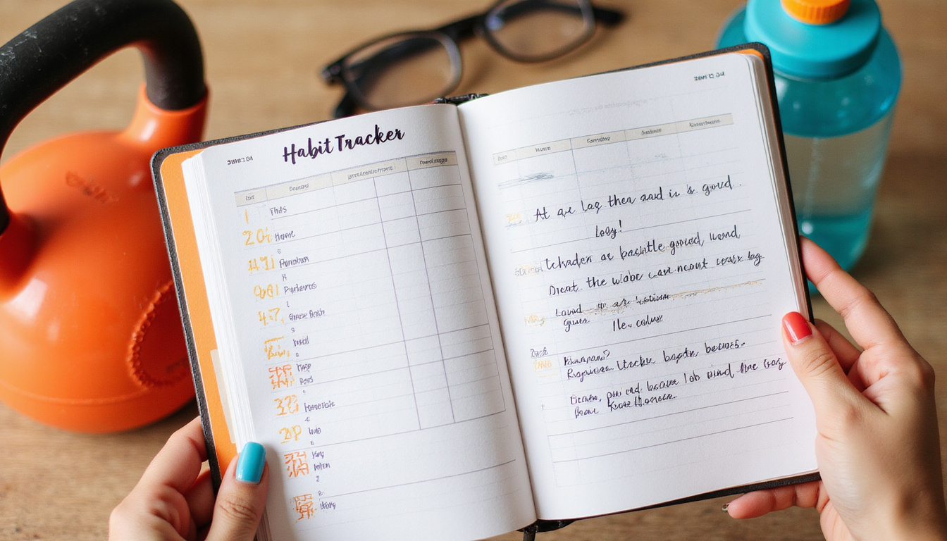  Habit-tracker journal open beside kettlebell and water bottle, warm tones, motivational handwriting