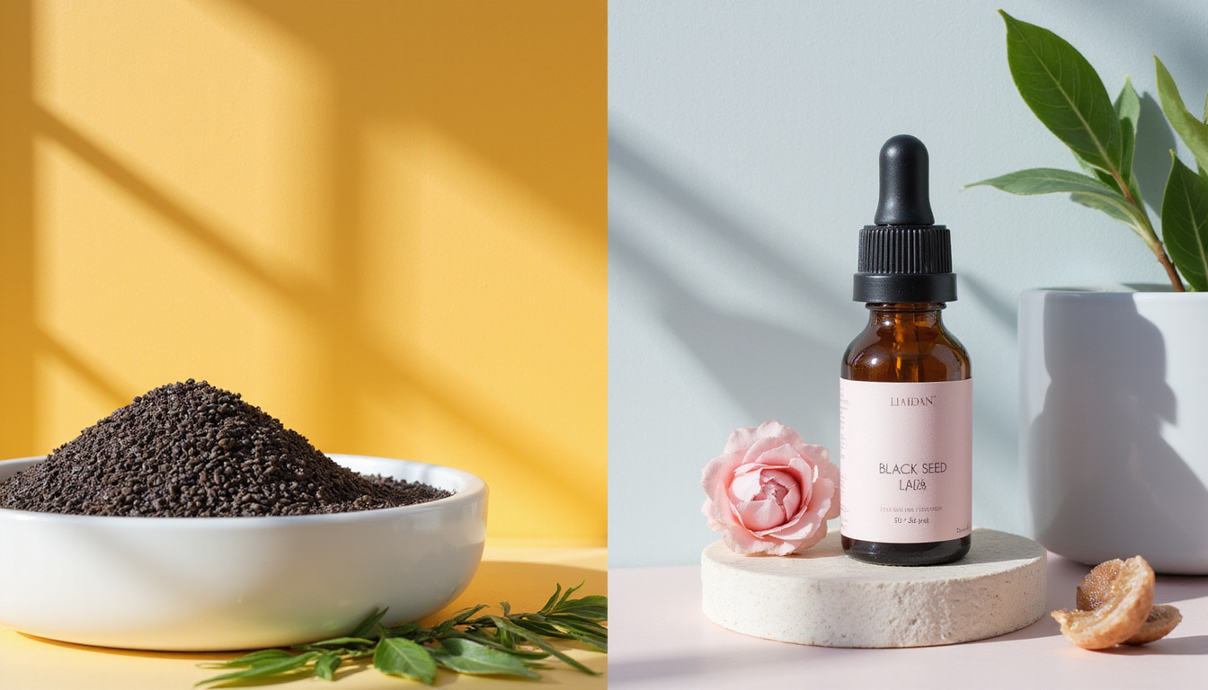  Split composition: spa beauty corner and clinical lab testing black seed oil, clean modern aesthetic