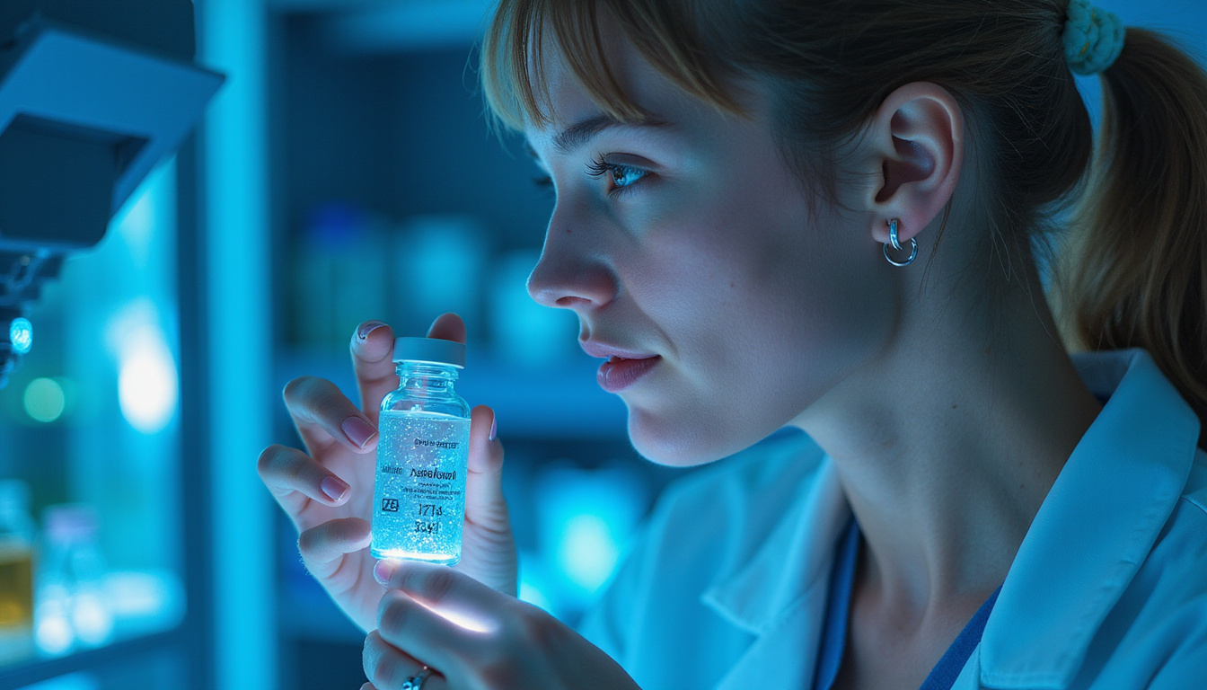  Futuristic lab vial labeled estetrol glowing, hair follicles regenerating under microscope