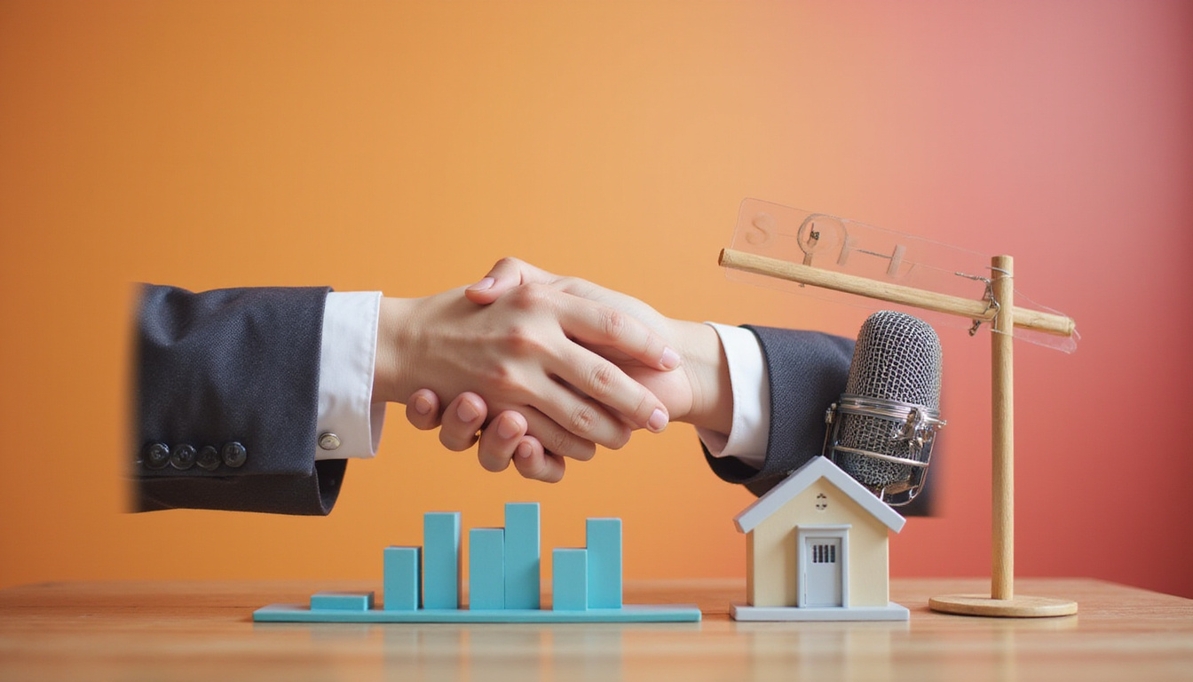 Microphone transforming into modern house, handshake, rising graph, SOLD sign, glossy magazine aesthetic