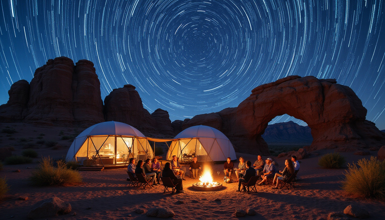  Remote desert dome hotel near sandstone arches, star trails swirling, guests stargazing around campfire