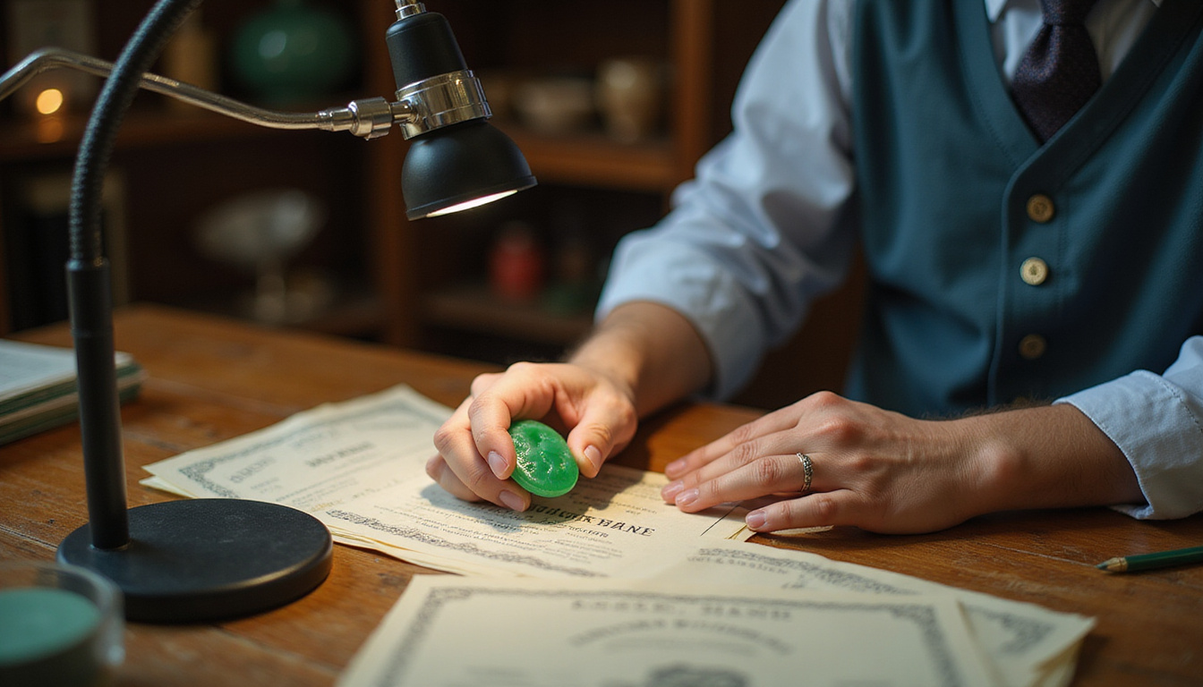  Gemologist examining carved jade pendant with loupe, wooden table, certificates, warm cinematic lighting