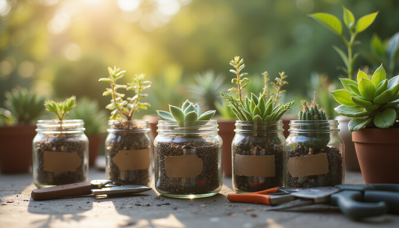 Close-up propagation scene: succulent cuttings in labeled jars, warm light, pruning shears