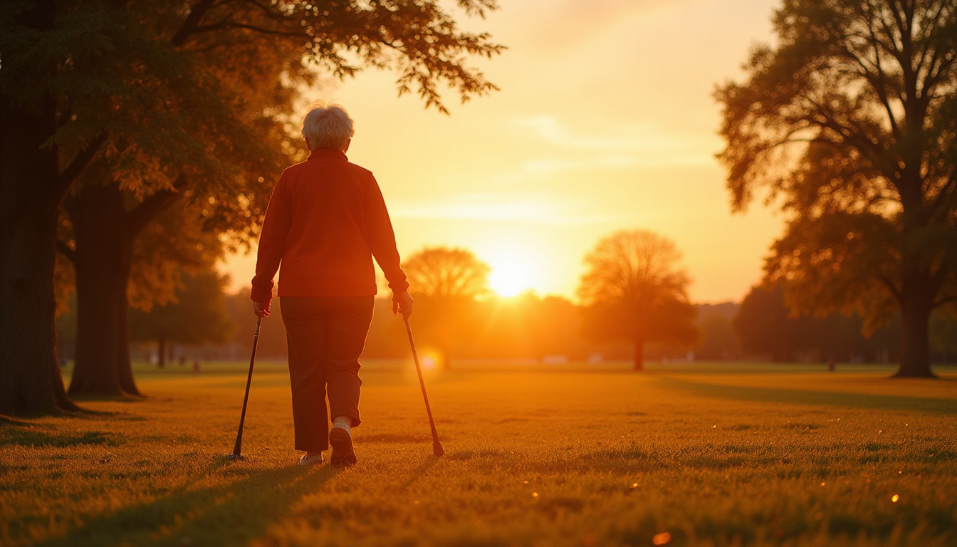  Elderly woman walking pain-free in sunrise park, subtle syringe silhouette, hopeful realistic lighting
