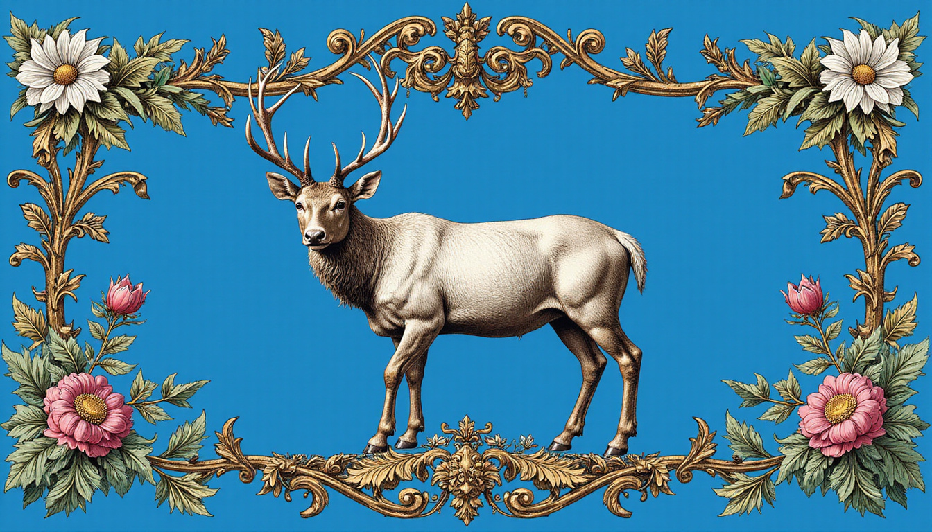  Intricate heraldic stag, argent on azure, floral mantling, ornate gilded engraving