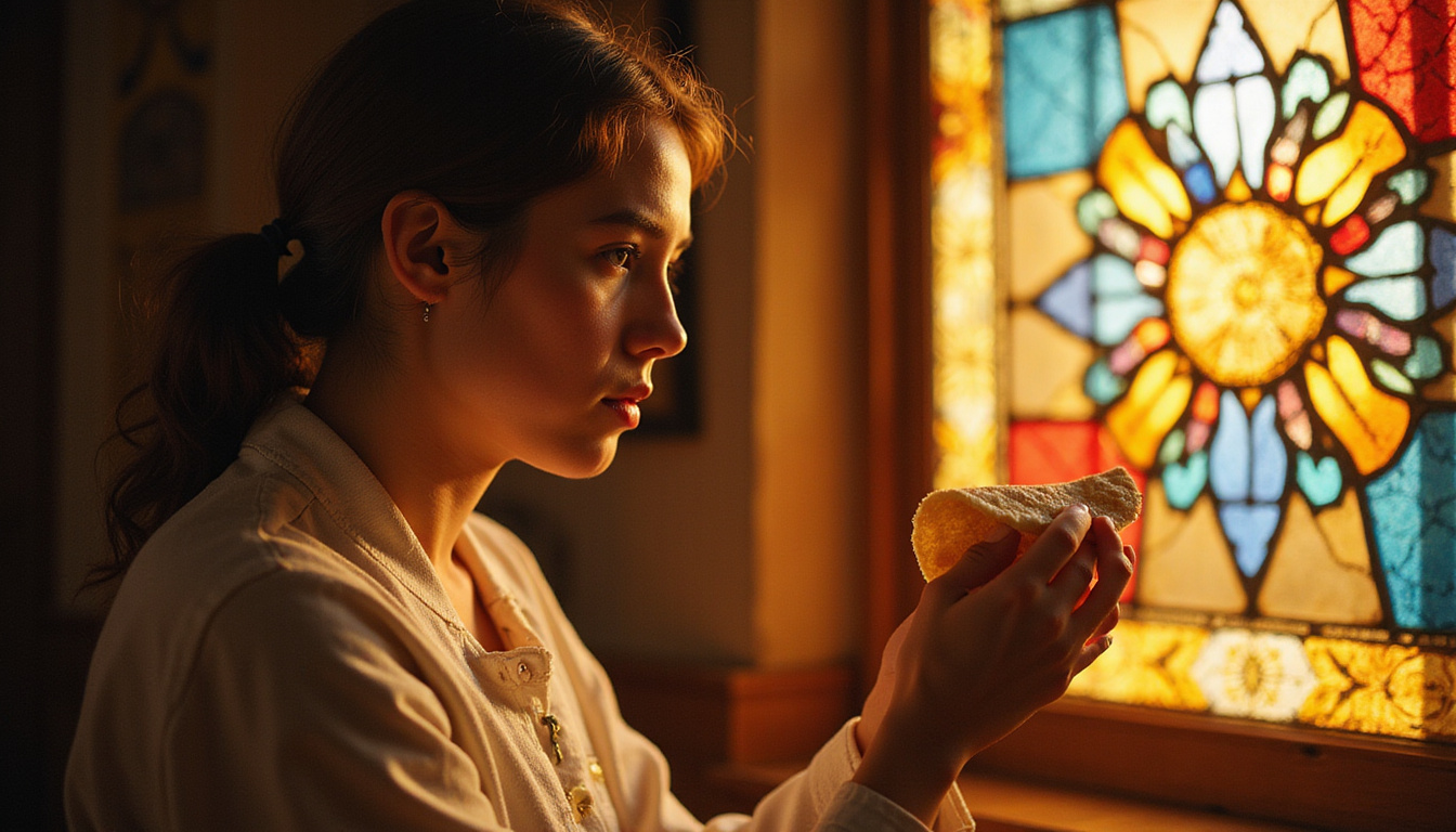 Contemplative believer holding wafer, hands trembling, stained-glass kaleidoscope casting warm colors