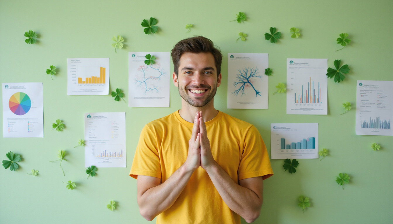  Smiling person practicing finger-cross ritual surrounded by charts neurons and playful four-leaf clovers