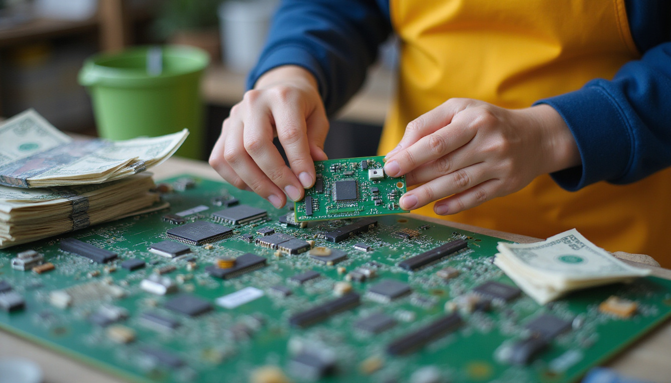 Close-up hands dismantling circuit boards for parts, cash and recycling bin in background