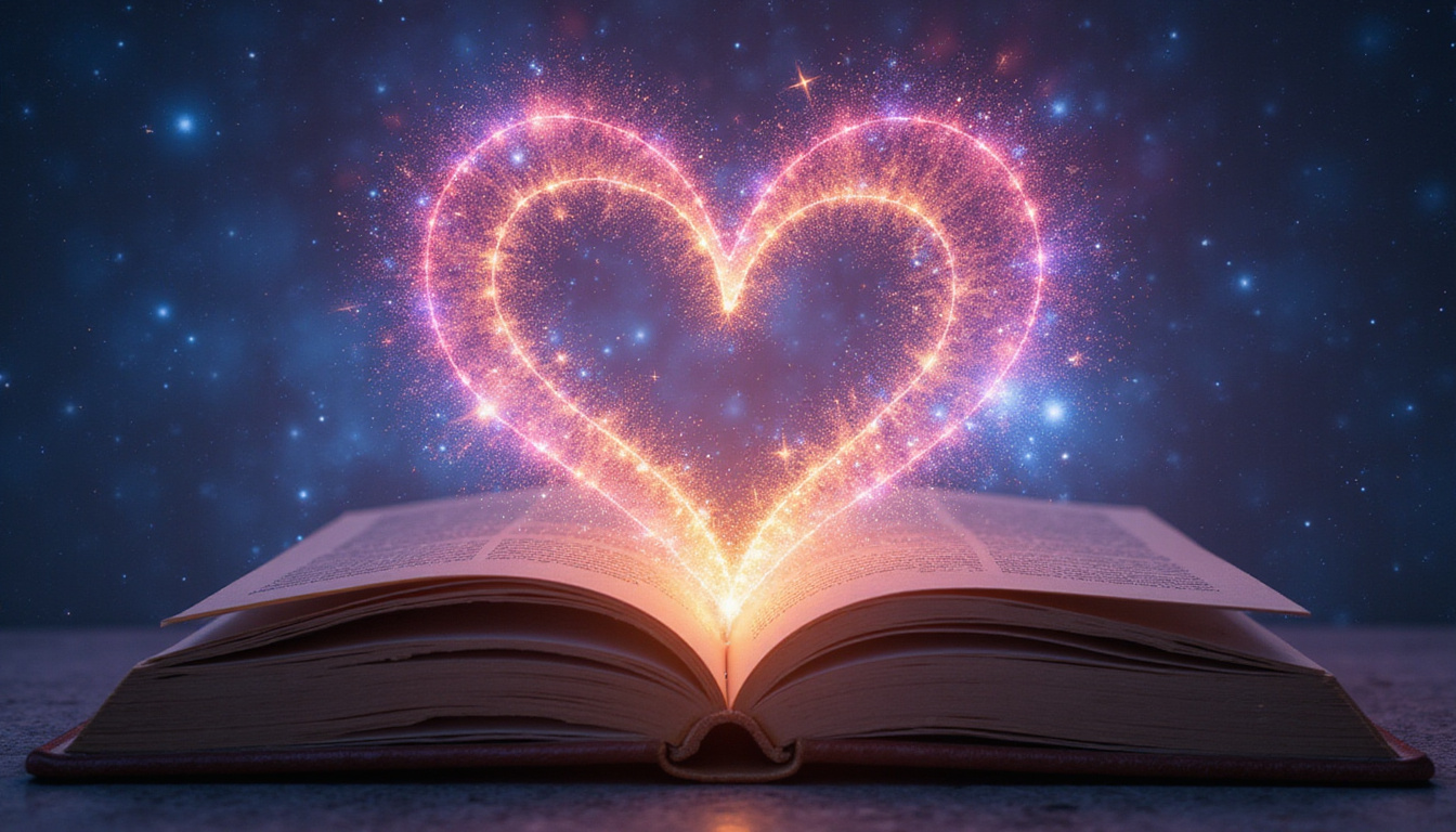  Open astrology guidebook morphing into heart-shaped star map, vibrant colors, transformative romantic light