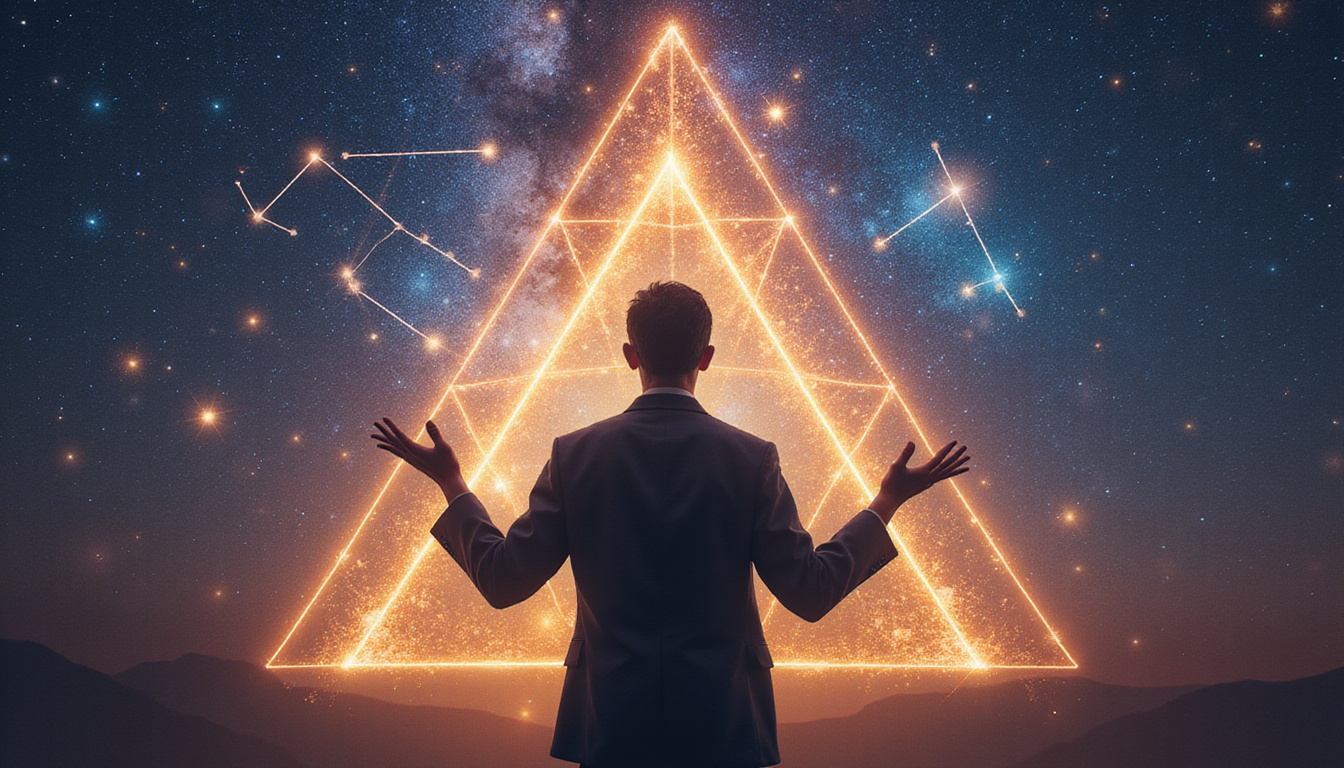  Silent figure with outstretched hands channeling triangular cosmic energy, constellations aligning, occult sigils