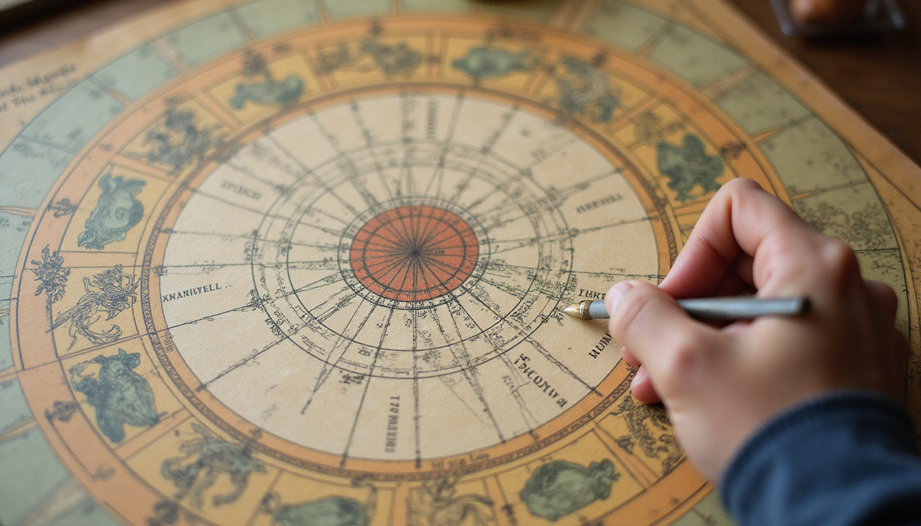 Astrologer tracing tilted planet paths and declination markers over vintage birth chart map