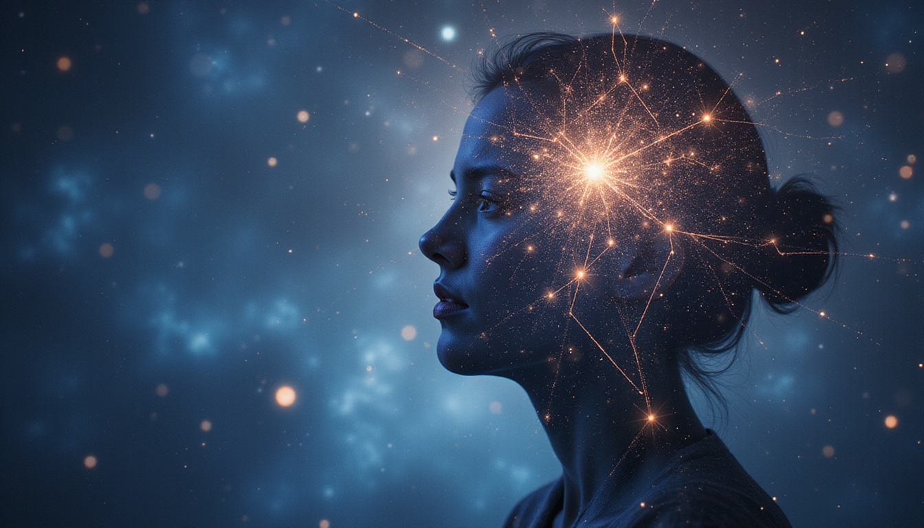  Hidden constellations overlaying human silhouette, each zodiac glyph unlocking emotional secrets, ethereal nebula background