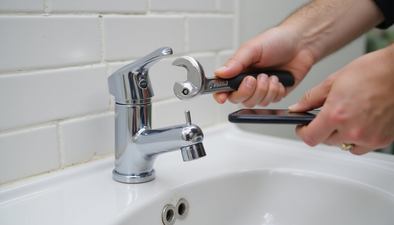  Budget-friendly DIY sink faucet removal, close-up hands with wrench, instructional notes and smartphone