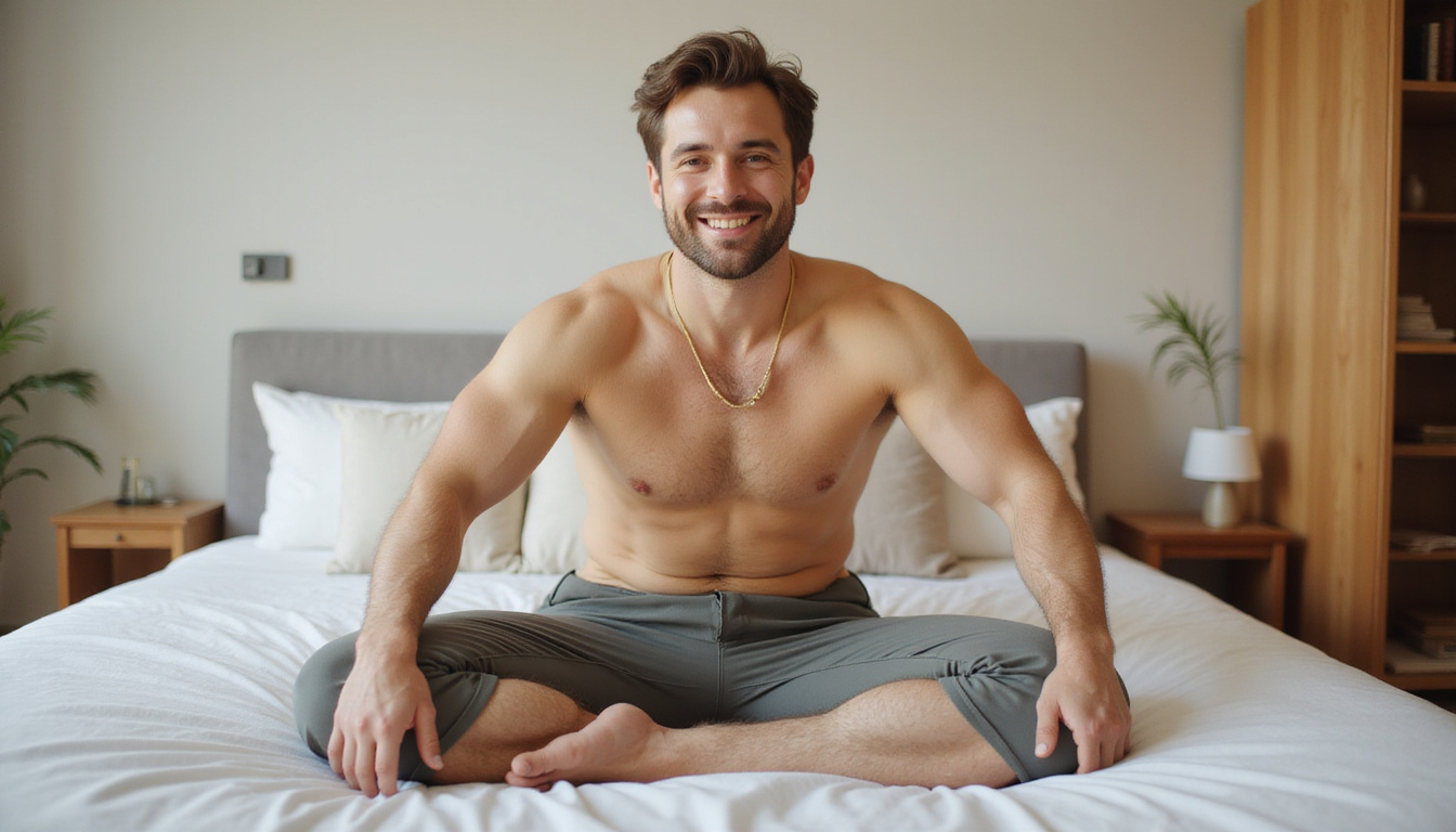  Man doing simple daily stretches beside bed, serene bedroom, pain-free smile, warm tones