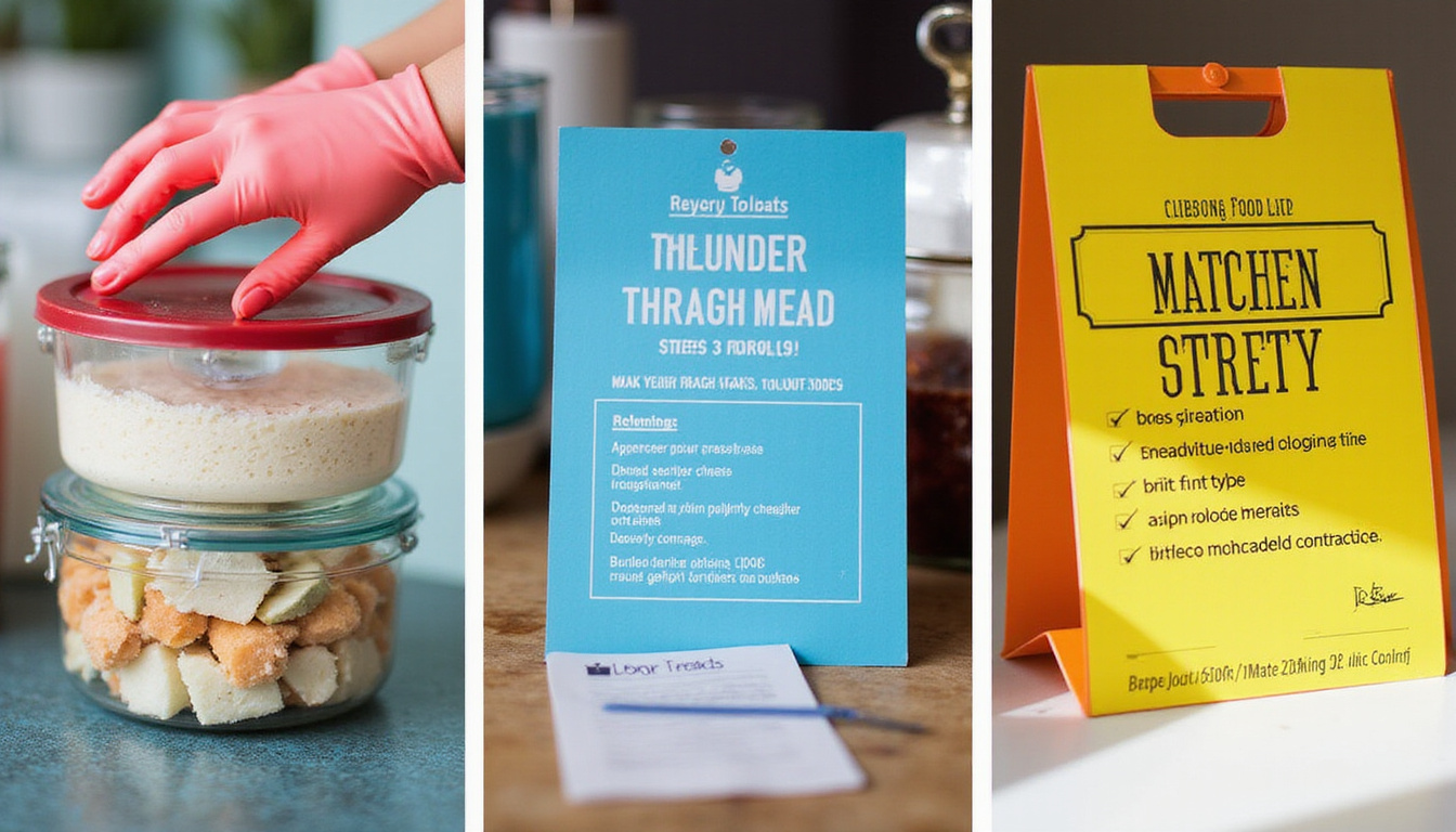  Kitchen safety hacks collage: labeled containers, gloves, cross-contamination signs, checklist, dramatic lighting