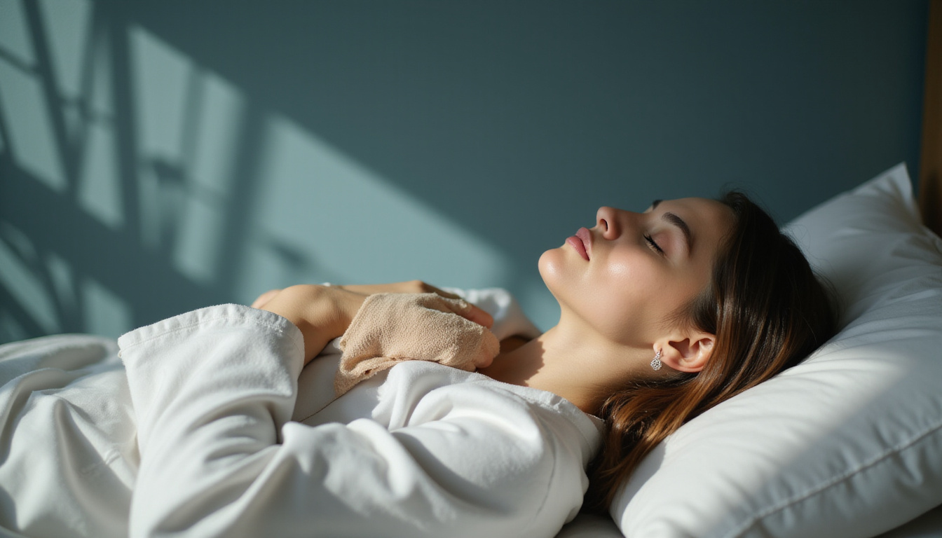  Woman resting with bandage, serene recovery scene, subtle warning shadows hinting hidden risks