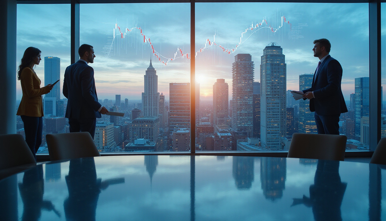  Strategic market board with charts, city skyline through glass, agents discussing sealed contract