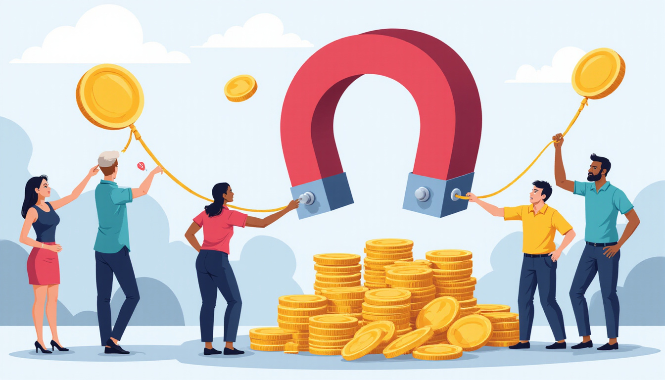 Giant magnetic brand pulling diverse loyal customers toward golden loyalty badges blooming like coins