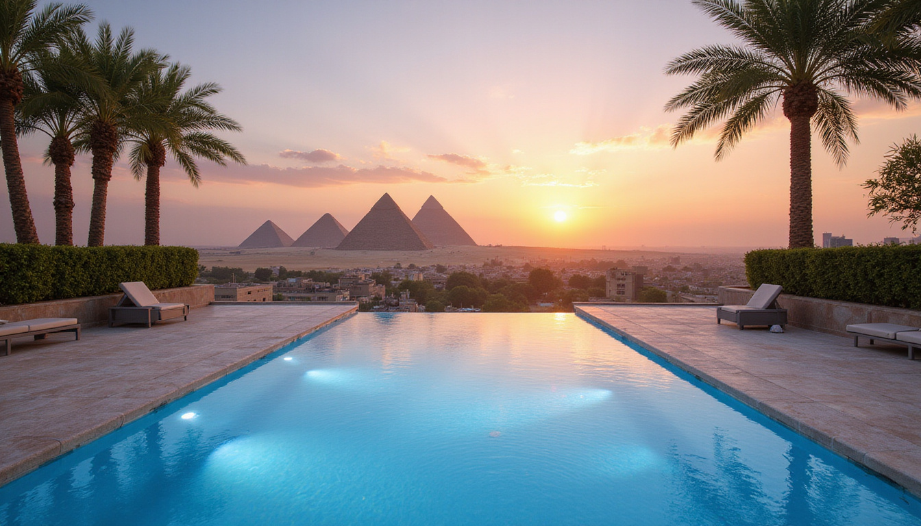 Rooftop infinity pool overlooking pyramids at sunset, palm trees, marble terraces, concierge service
