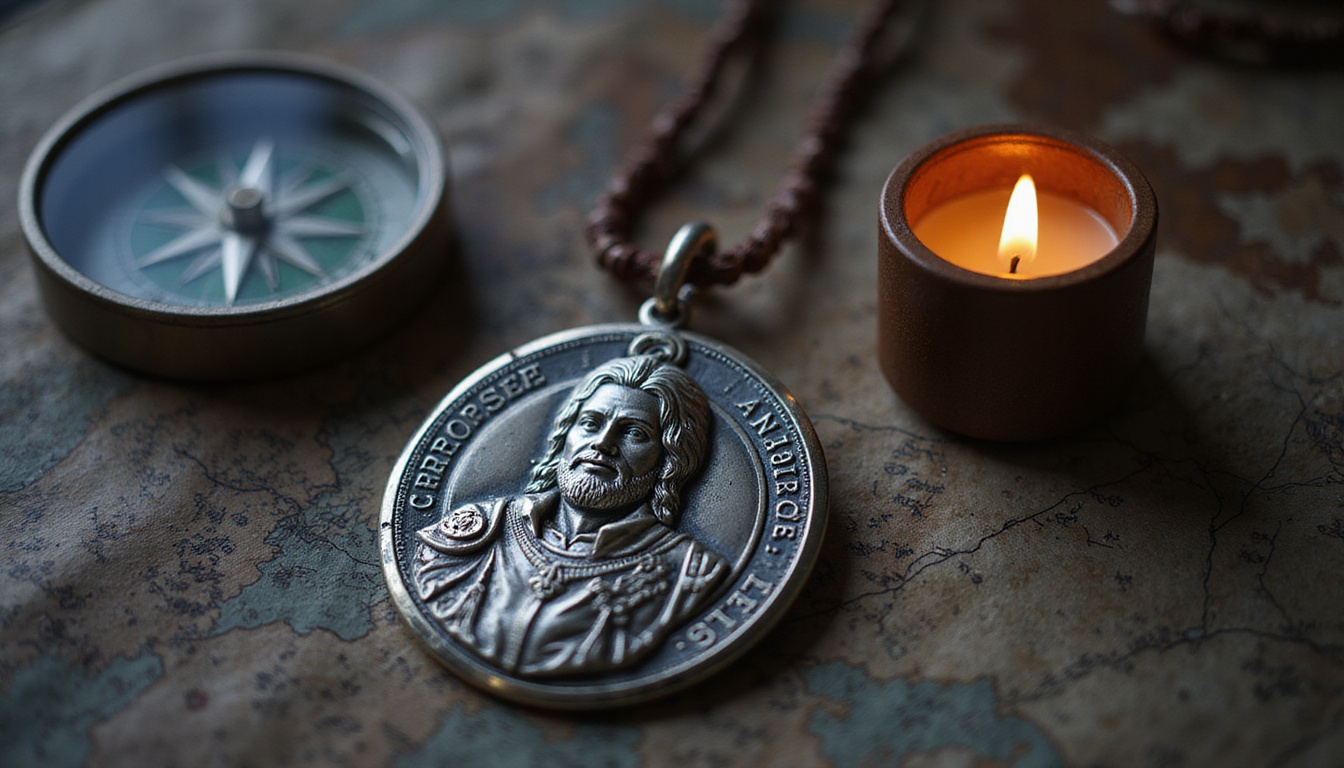  Worn silver Saint Christopher medallion glowing on traveler’s chest, compass, map, dusk light