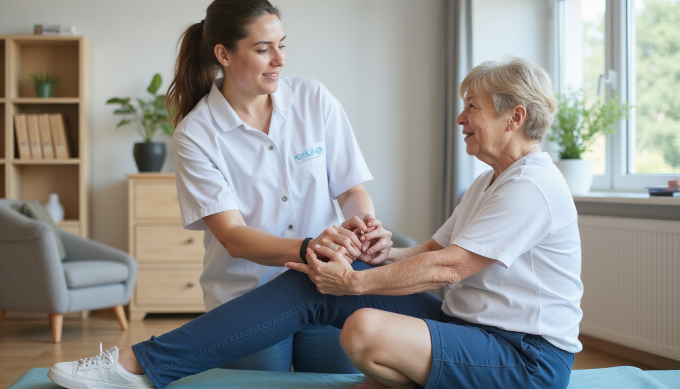  Physiotherapist guiding gentle joint exercises with elderly patient, warm clinic, supportive multidisciplinary team
