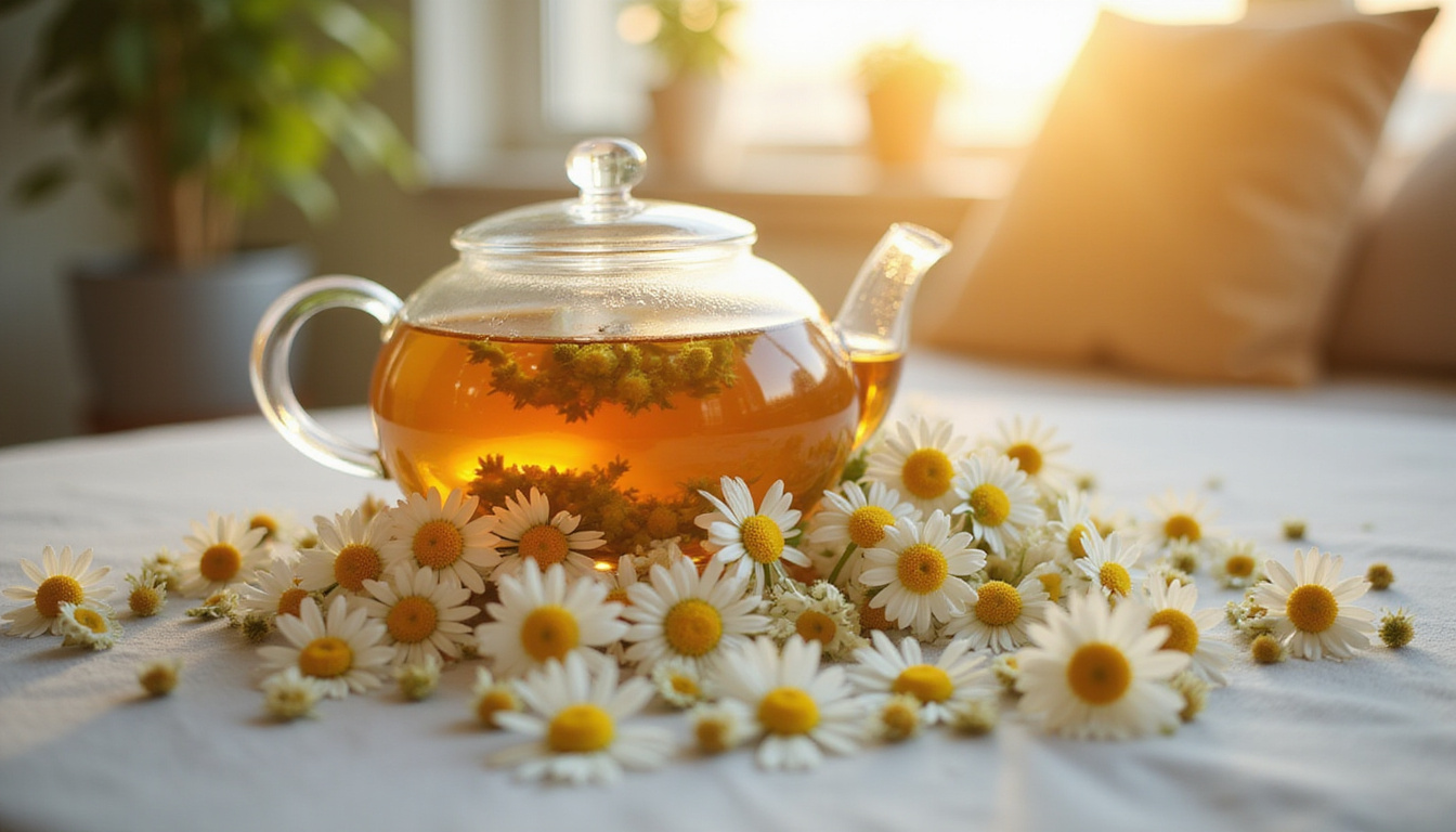  Loose chamomile flowers scattered, herbal teapot, soothing golden glow, serene bedroom, closed eyes