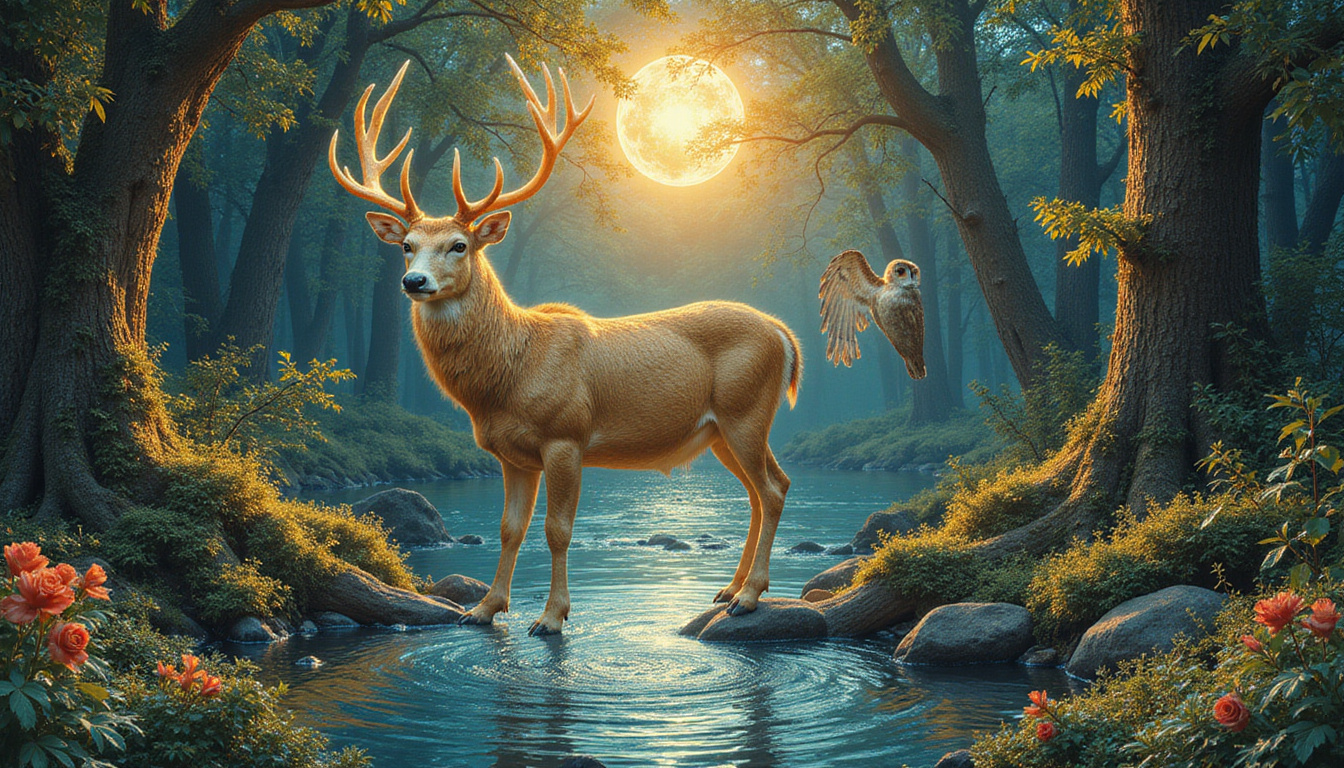  Golden stag, wise owl, serpentine river weaving through subconscious symbols, ethereal light