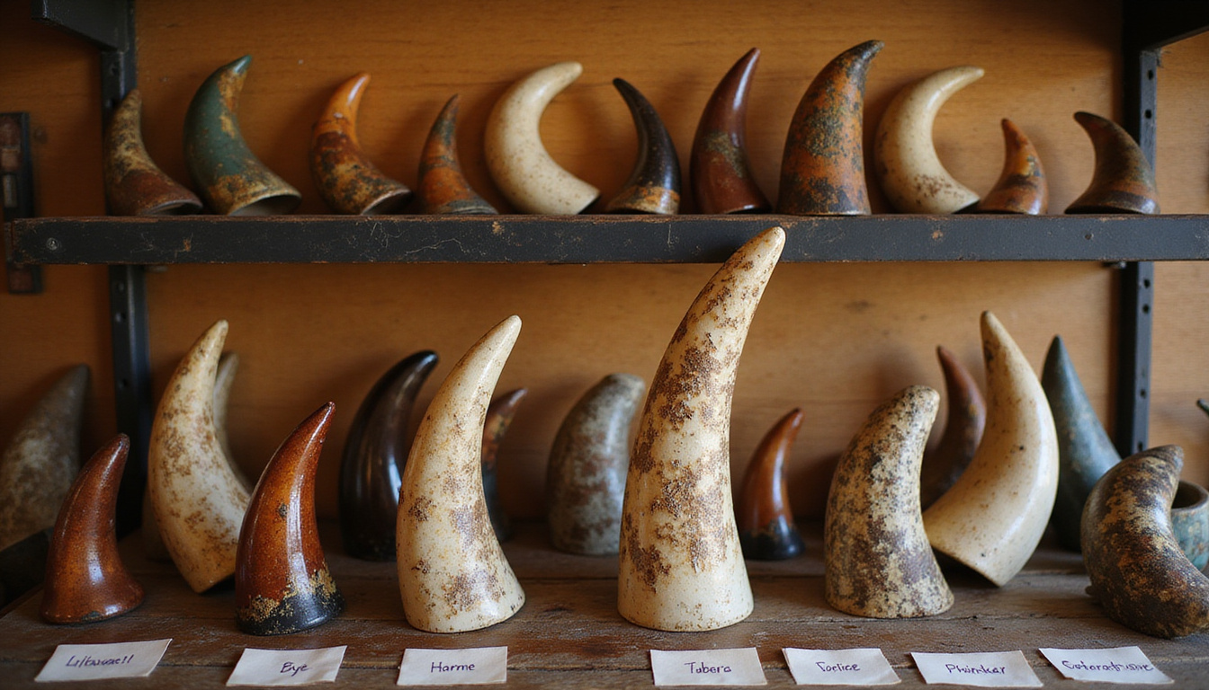  Artisan selecting polished shofars on rustic shelf, labels indicating tone and size, warm light